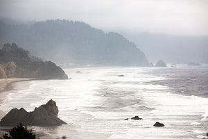 Pacific Northwest photography print of waves crashing on a beach along the coast on a foggy day at Neskowin, Oregon by Sean Ramsey of Southern Plains Photography.
