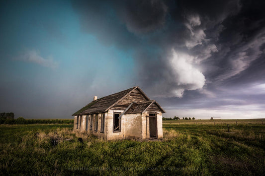 Storm photography print of an abandoned schoolhouse under an advancing thunderstorm on a spring day on the plains of Colorado by Sean Ramsey of Southern Plains Photography.