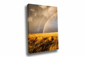 Vertical Great Plains gallery wrapped canvas of a vibrant rainbow ending in a golden wheat field on a stormy spring day in Kansas by Sean Ramsey of Southern Plains Photography.