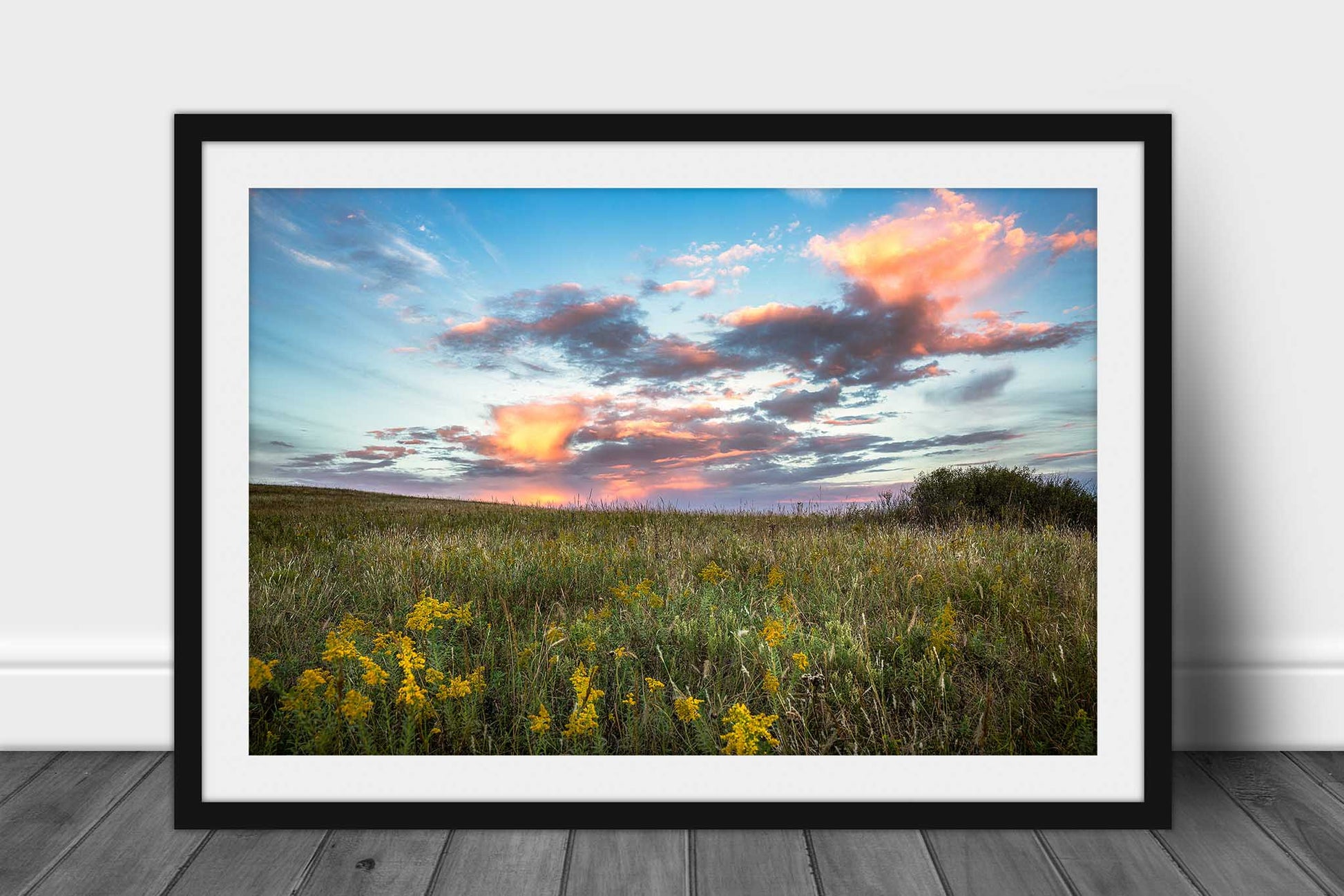 Framed landscape photography print of clouds illuminated by sunlight at sunset on an autumn evening over the tallgrass prairie in Osage County, Oklahoma by Sean Ramsey of Southern Plains Photography.