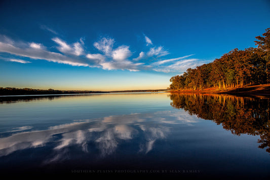 Landscape photography print of clouds reflecting off the waters of Lake Thunderbird at sunset on an autumn evening in Central Oklahoma by Sean Ramsey of Southern Plains Photography.