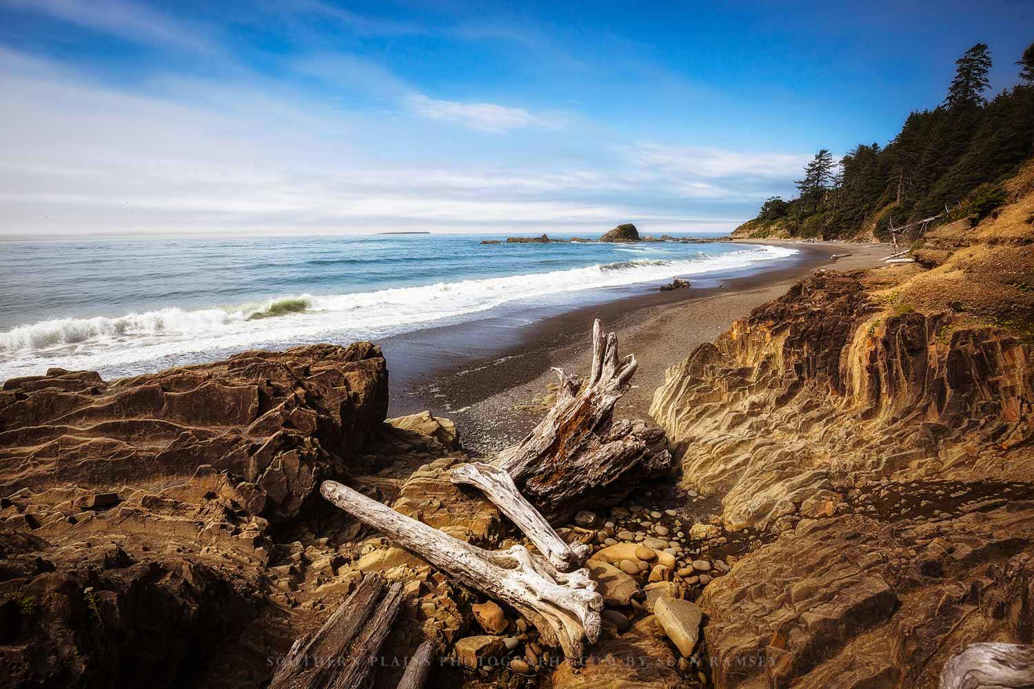 Pacific Northwest coastal photography print of driftwood logs resting on the shore along a beach in Washington state by Sean Ramsey of Southern Plains Photography.