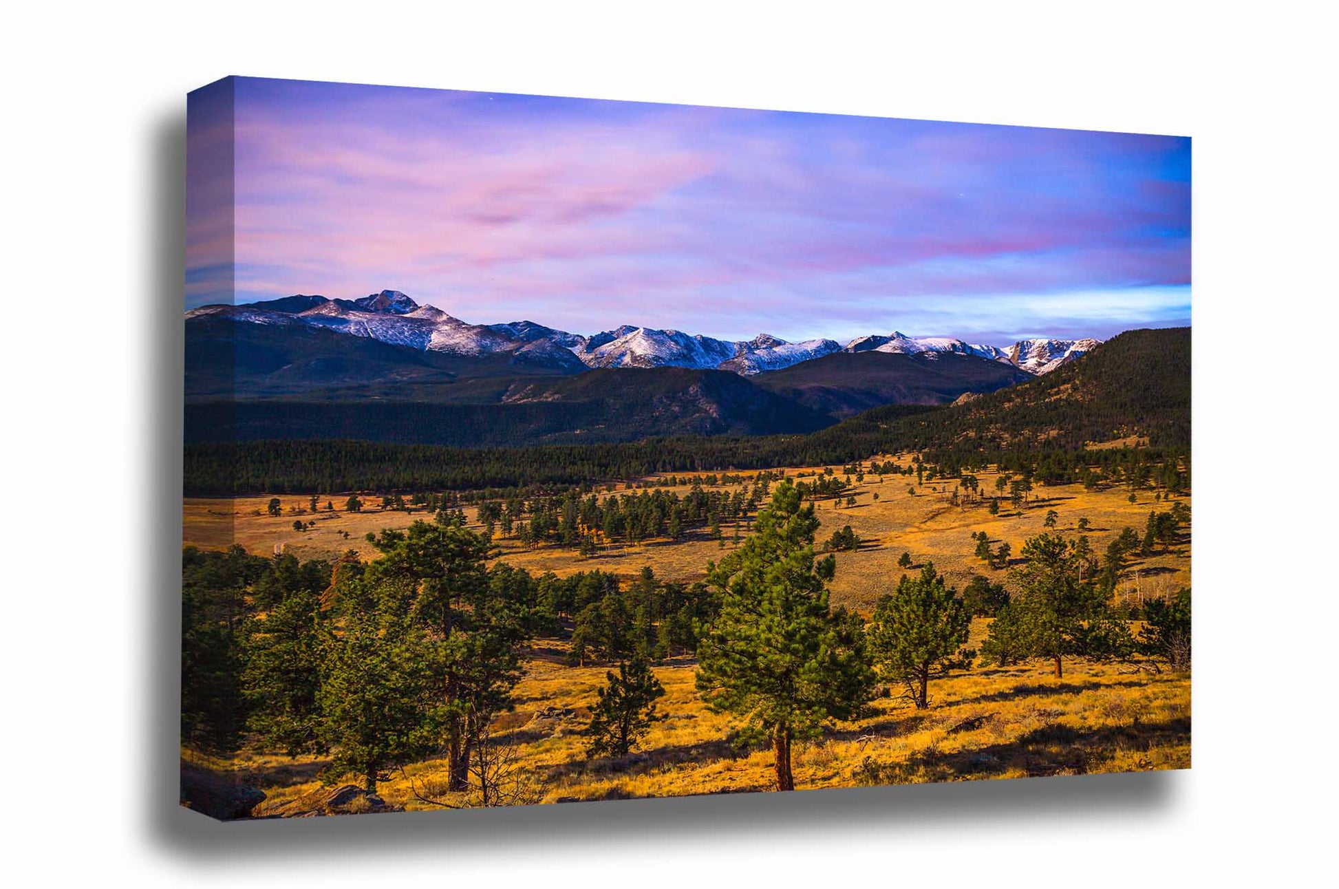 Western landscape canvas wall art of snowy peaks overlooking a mountain valley at dusk on an autumn evening in Rocky Mountain National Park near Estes Park, Colorado by Sean Ramsey of Southern Plains Photography.