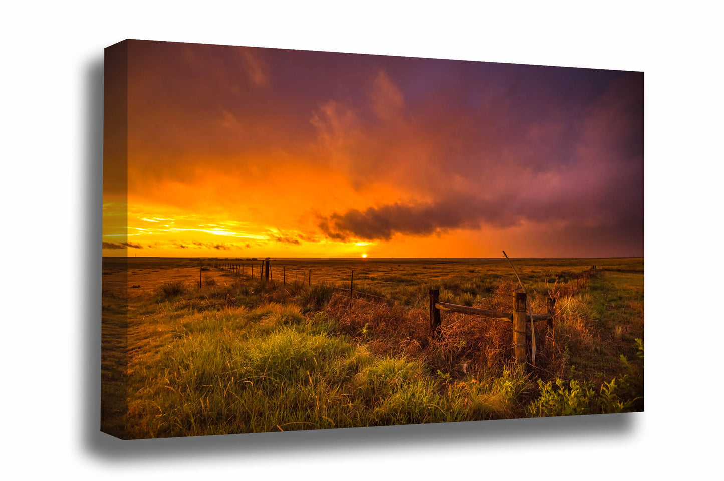 Great Plains canvas wall art of a stormy sunset over a barbed wire fence on a spring evening in the Oklahoma panhandle by Sean Ramsey of Southern Plains Photography.