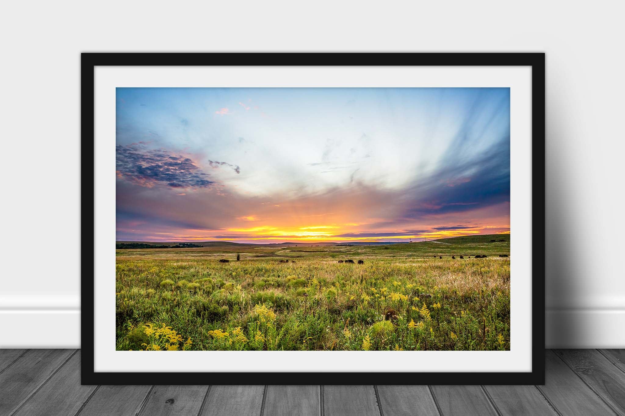 Great plains framed landscape print with optional mat of a warm sunset over the Tallgrass Prairie on an autumn day in Osage County near Pawhuska, Oklahoma by Sean Ramsey of Southern Plains Photography.