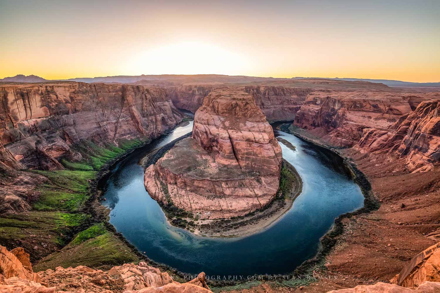 Southwestern photography print of Horseshoe Bend and the Colorado River at sunset in Glen Canyon near Page, Arizona by Sean Ramsey of Southern Plains Photography.