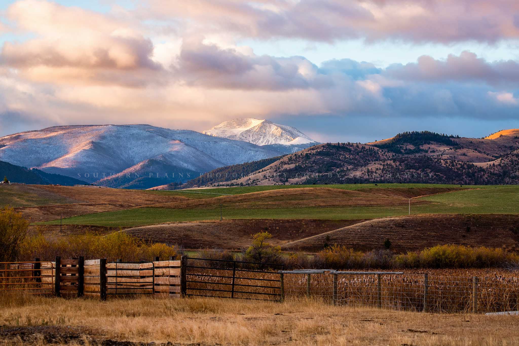 Rocky Mountain landscape photography print of a snowy mountain peak overlooking a valley on an autumn morning in Montana by Sean Ramsey of Southern Plains Photography.