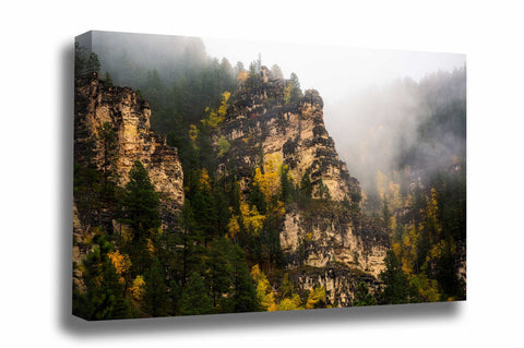 Landscape canvas wall art of Spearfish Canyon walls shrouded in fog on an autumn day in the Black Hills of South Dakota by Sean Ramsey of Southern Plains Photography.
