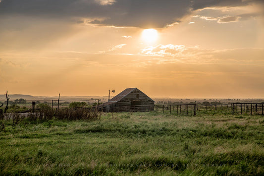 Country photography print of an old barn under a hazy sky on a late summer evening on the plains of Oklahoma by Sean Ramsey of Southern Plains Photography.
