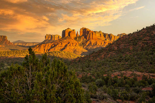 Desert Southwest photography print of Cathedral Rock glowing in evening light at sunset near Sedona, Arizona by Sean Ramsey of Southern Plains Photography.