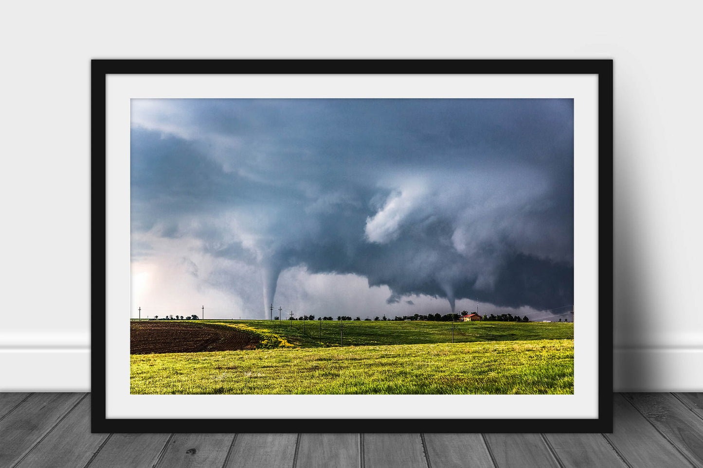 Framed storm print with optional mat of two tornadoes touching down at the same time on a stormy spring day on the plains of Kansas by Sean Ramsey of Southern Plains Photography.