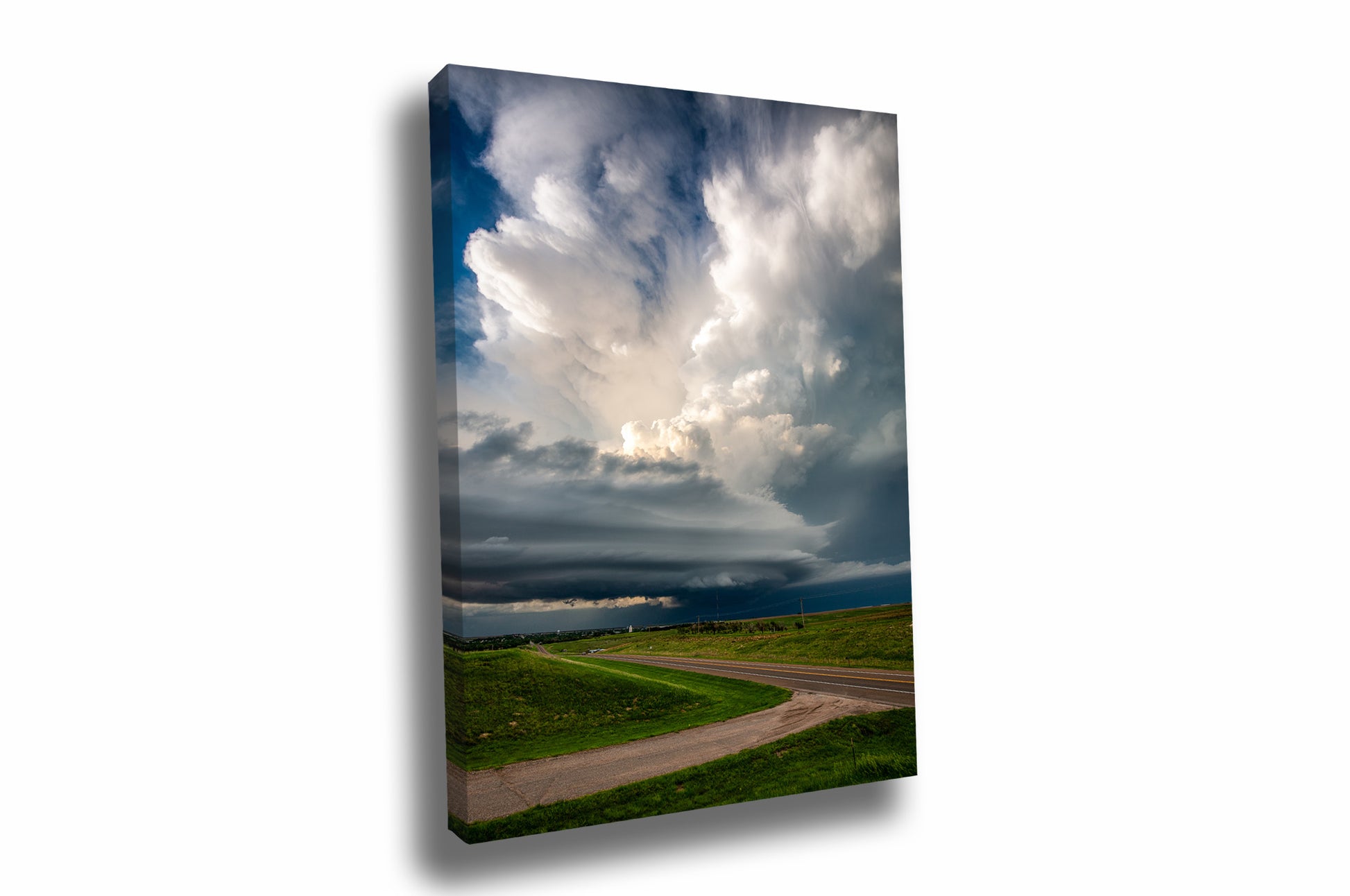 Vertical canvas wall art of a supercell thunderstorm updraft over a highway on a spring day in Kansas by Sean Ramsey of Southern Plains Photography.