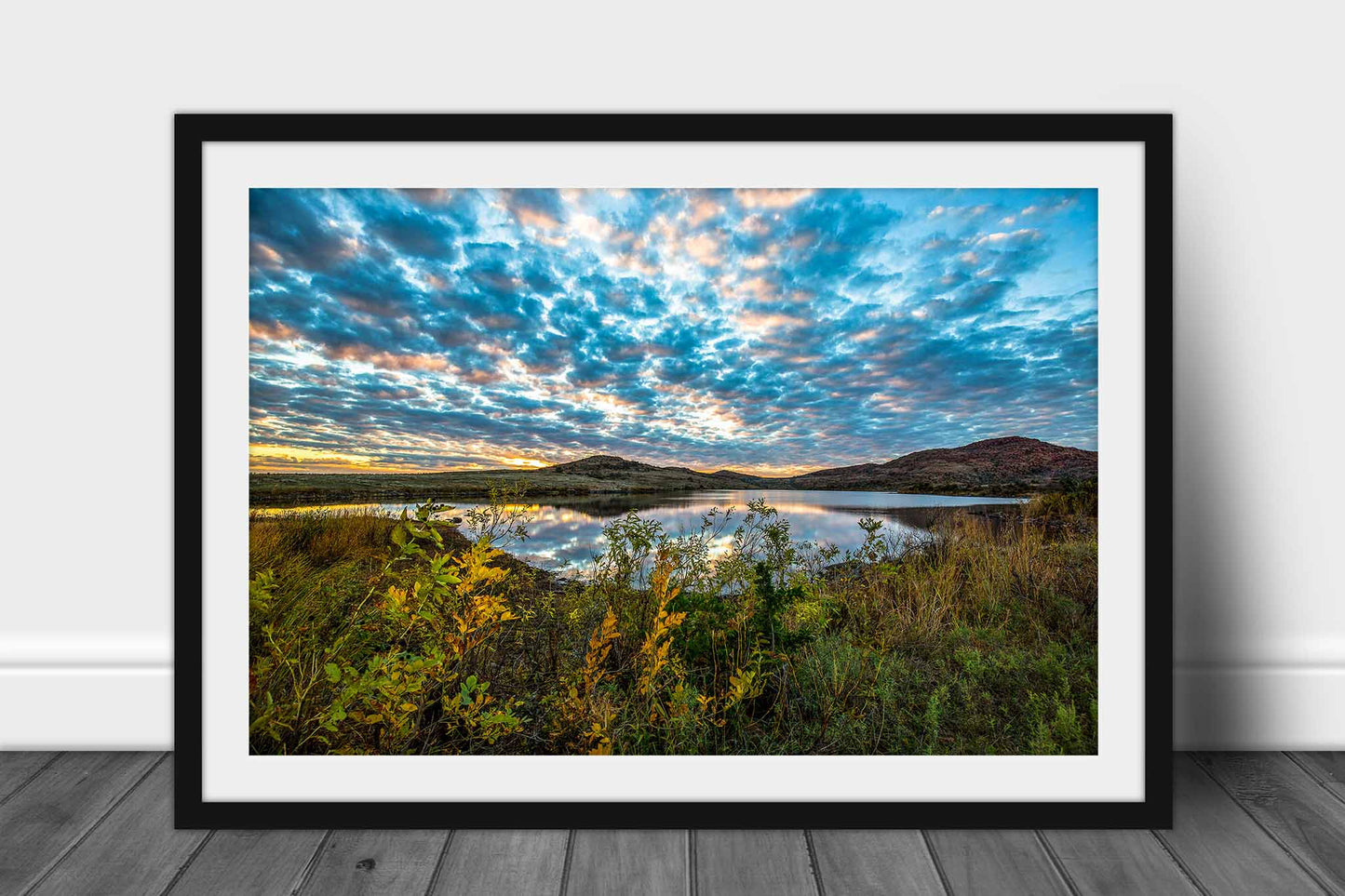 Framed landscape photography print with optional mat of a mackerel sky over Lake Jed Johnson at sunset on an autumn evening at the Wichita Mountains Wildlife Refuge by Sean Ramsey of Southern Plains Photography.